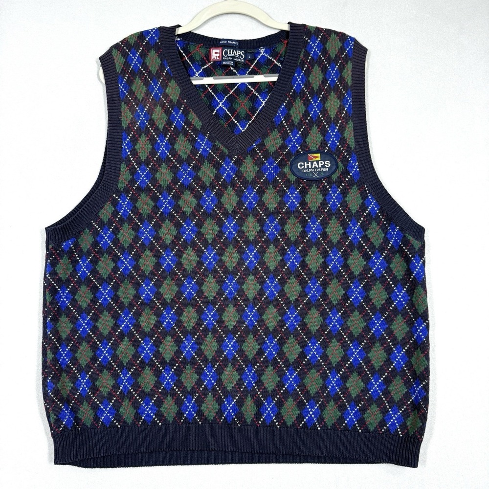 Vintage Chaps Ralph Lauren Sweater Vest Mens Large Clubs Flag Logo Patch Argyle